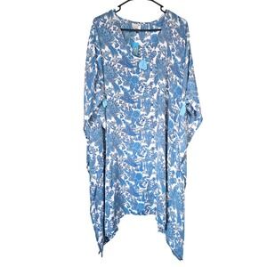 Ethnix Art of India Silk Caftan Tunic Coverup Blue Paisley Tassel Beach Vacation